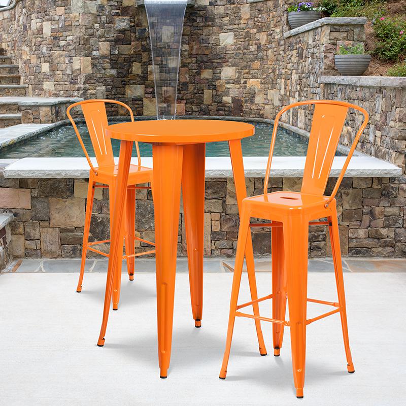 Commercial Grade 24" Round Orange Metal Indoor-Outdoor Bar Table Set with 2 Cafe Stools. Picture 4