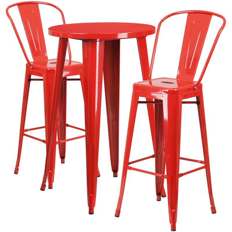 24" Round Red Metal Indoor-Outdoor Bar Table Set with 2 Cafe Stools. Picture 2