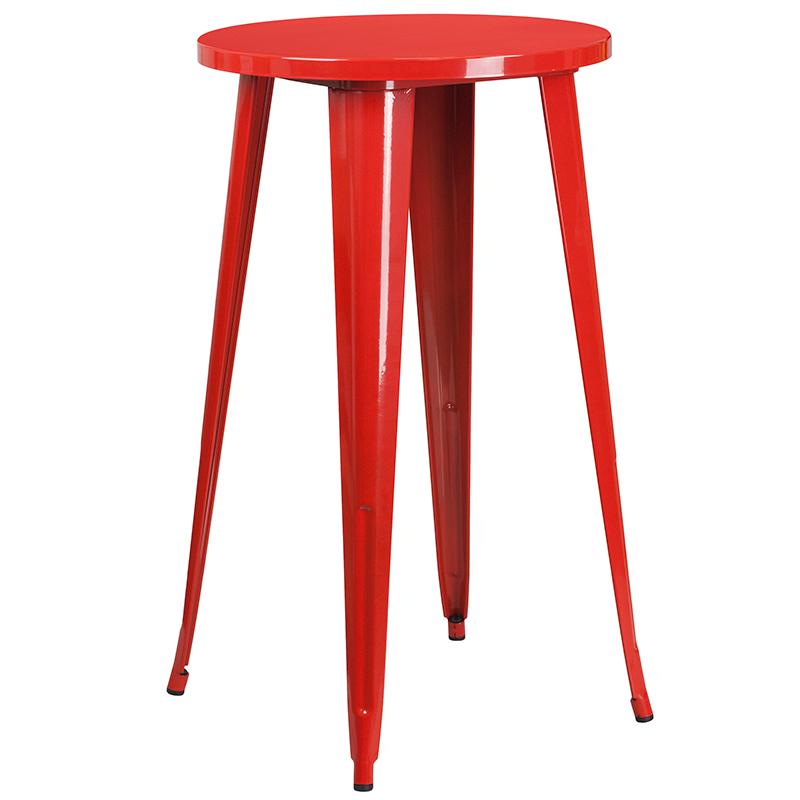 24" Round Red Metal Indoor-Outdoor Bar Table Set with 2 Cafe Stools. Picture 4