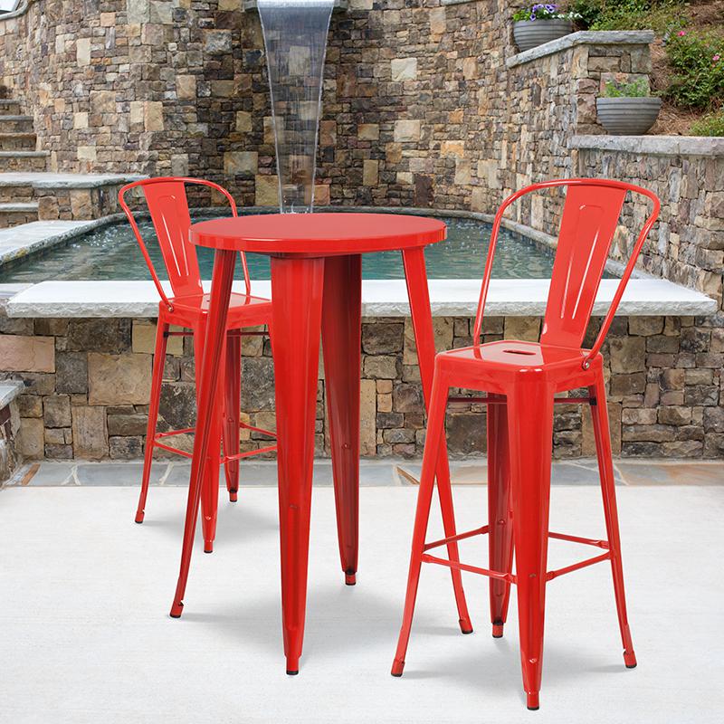 Commercial Grade 24" Round Red Metal Indoor-Outdoor Bar Table Set with 2 Cafe Stools. Picture 4