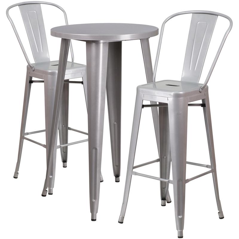 Commercial Grade 24" Round Silver Metal Indoor-Outdoor Bar Table Set with 2 Cafe Stools. The main picture.