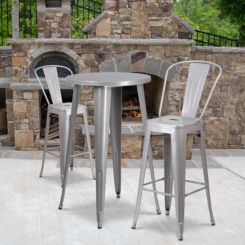 Commercial Grade 24" Round Silver Metal Indoor-Outdoor Bar Table Set with 2 Cafe Stools. Picture 4