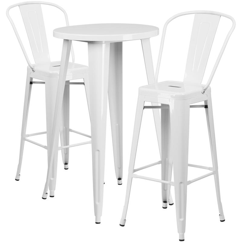 Commercial Grade 24" Round White Metal Indoor-Outdoor Bar Table Set with 2 Cafe Stools. Picture 1
