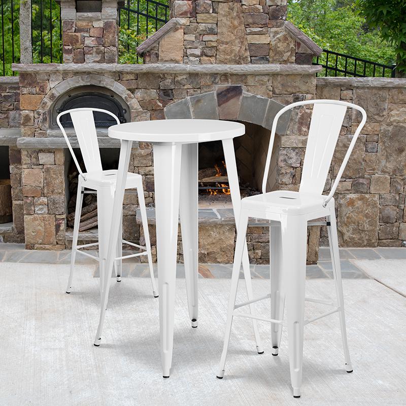 Commercial Grade 24" Round White Metal Indoor-Outdoor Bar Table Set with 2 Cafe Stools. Picture 4