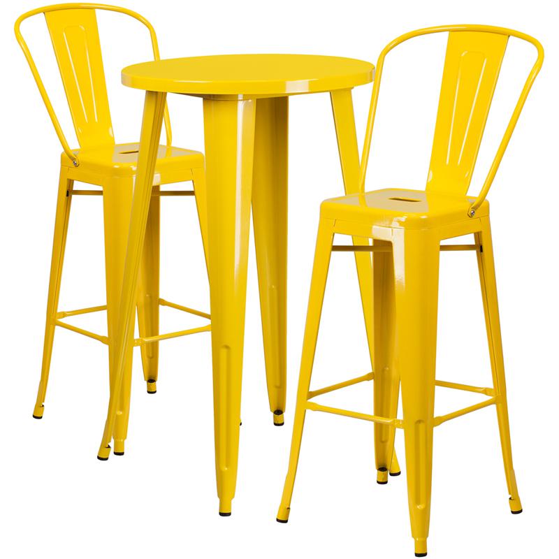 24'' Round Yellow Metal Indoor-Outdoor Bar Table Set with 2 Cafe Stools. Picture 2