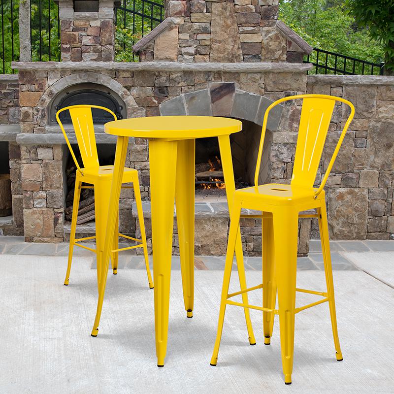 24'' Round Yellow Metal Indoor-Outdoor Bar Table Set with 2 Cafe Stools. Picture 1