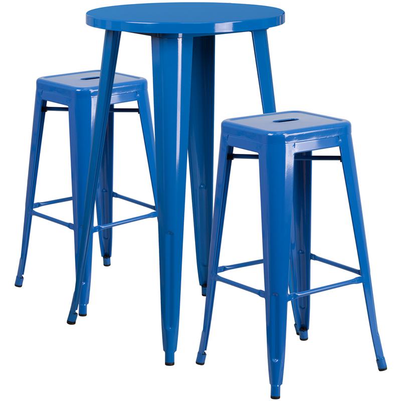 Commercial Grade 24" Round Blue Metal Indoor-Outdoor Bar Table Set with 2 Square Seat Backless Stools. Picture 1