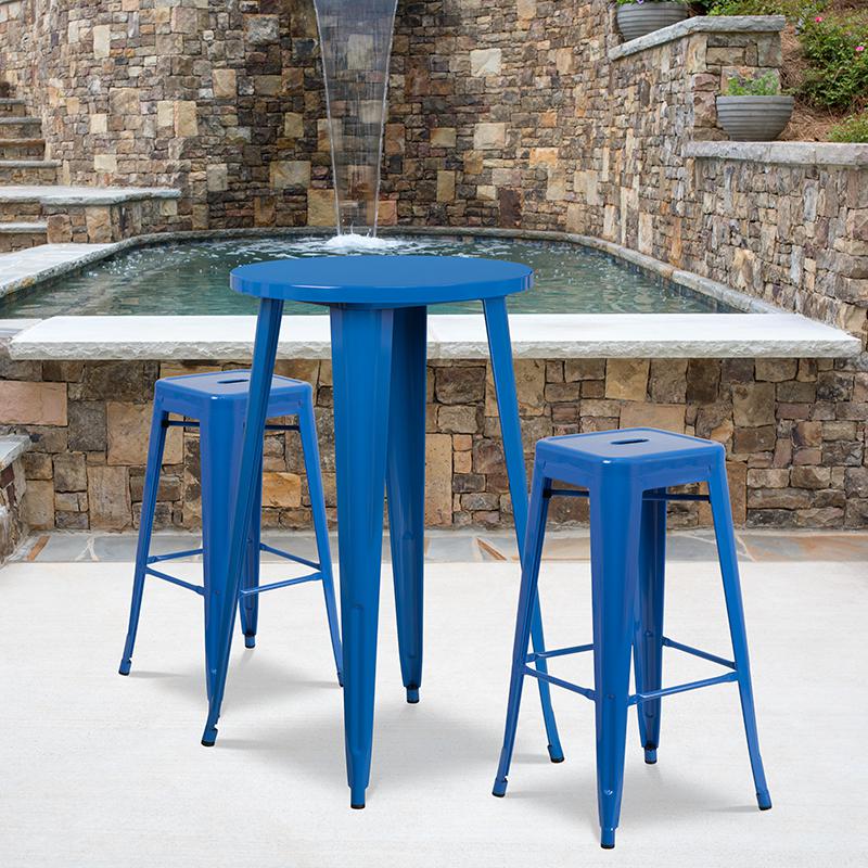 Commercial Grade 24" Round Blue Metal Indoor-Outdoor Bar Table Set with 2 Square Seat Backless Stools. Picture 4
