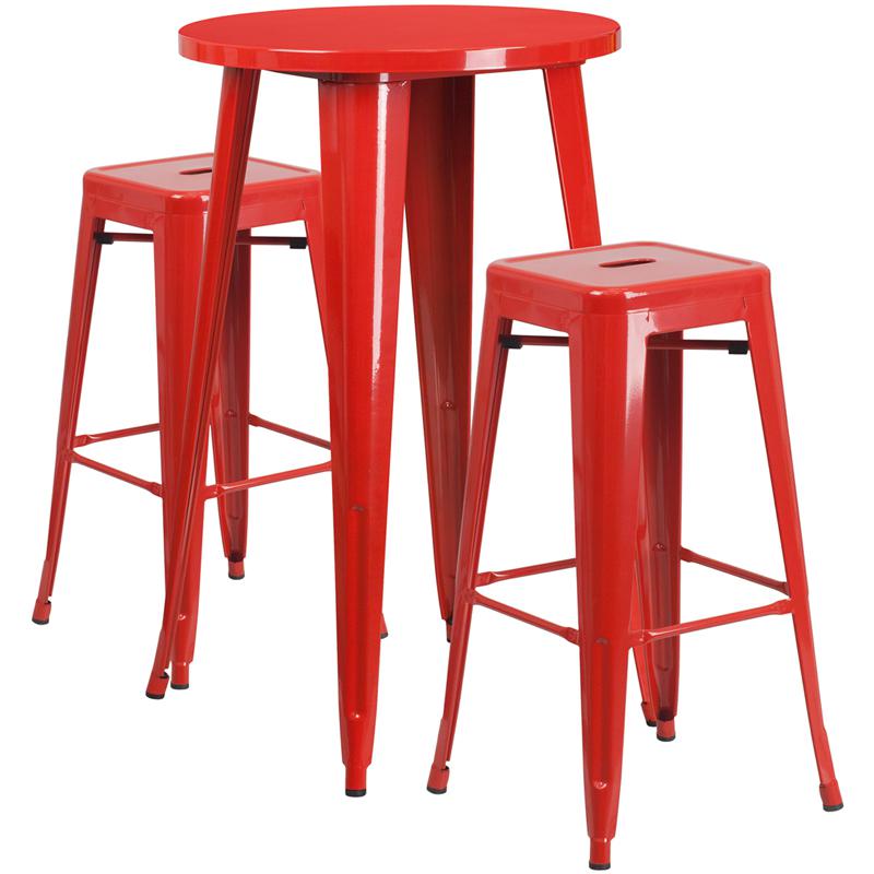 24'' Round Red Metal In-Outdoor Bar Table Set - 2 Square Seat Backless Stools. Picture 2