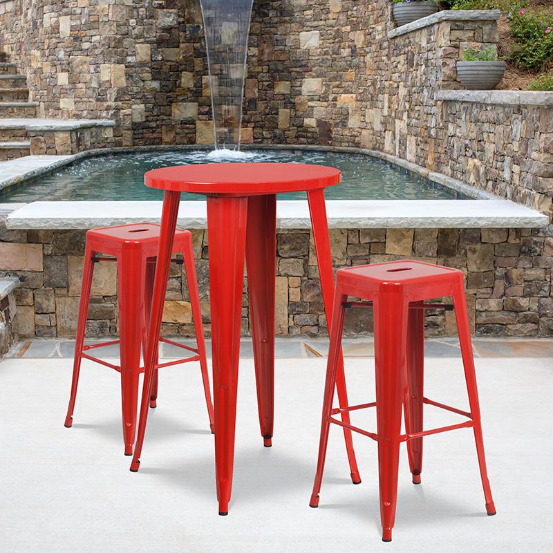 24'' Round Red Metal In-Outdoor Bar Table Set - 2 Square Seat Backless Stools. The main picture.