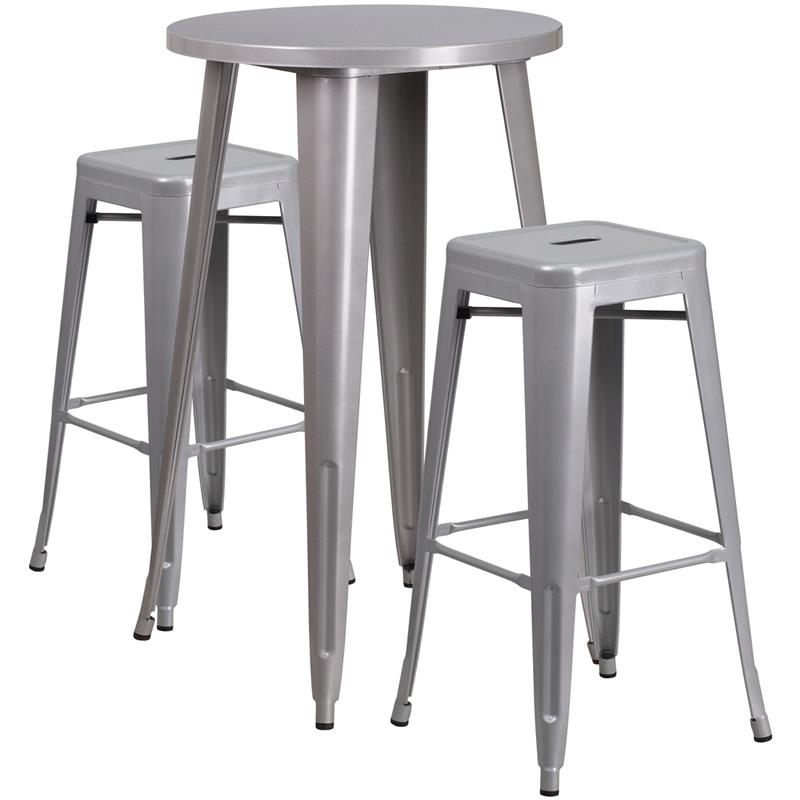 24'' Round Silver Metal In-Outdoor Bar Table Set-2 Square Seat Backless Stools. Picture 2
