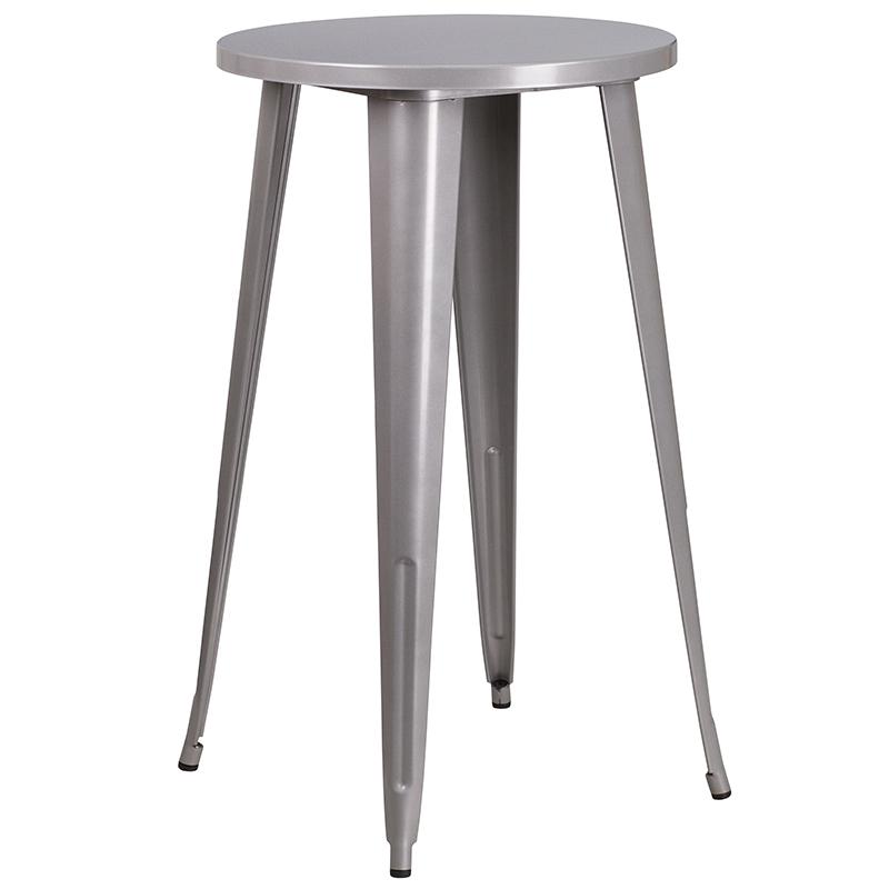 24'' Round Silver Metal In-Outdoor Bar Table Set-2 Square Seat Backless Stools. Picture 4