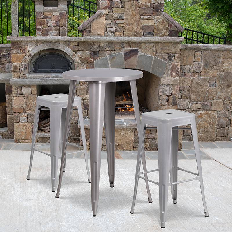 24'' Round Silver Metal In-Outdoor Bar Table Set-2 Square Seat Backless Stools. Picture 1