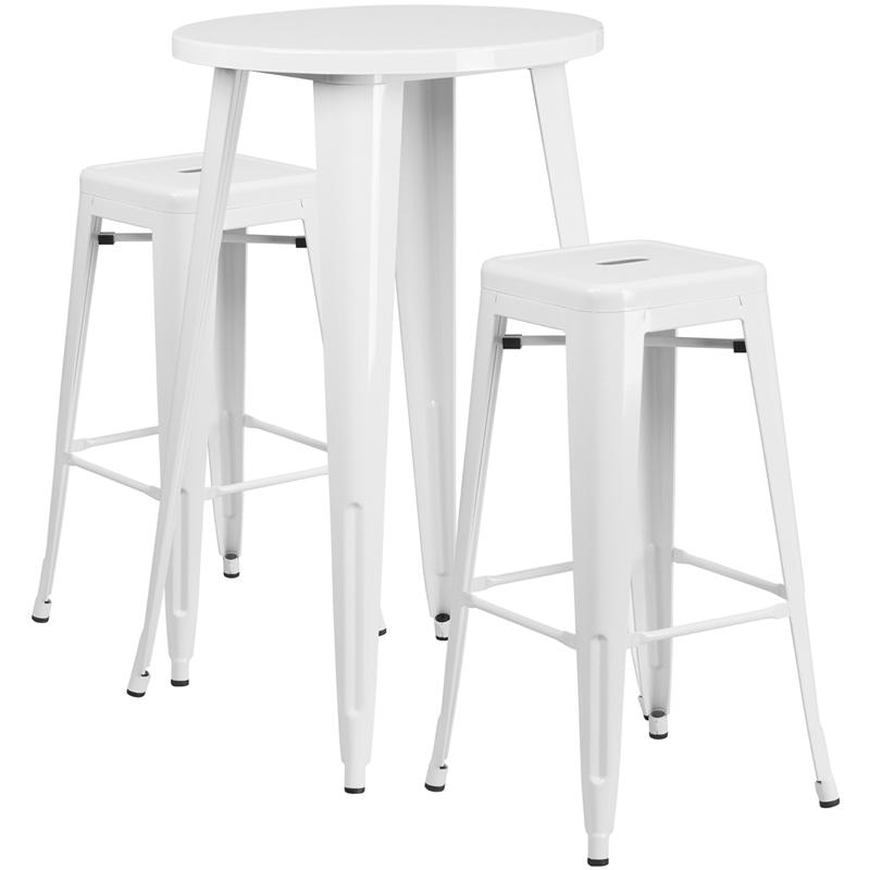 Flash Furniture Commercial Grade 24 Round White Metal Indoor-Outdoor Bar Table Set with 2 Square Seat Backless Stools