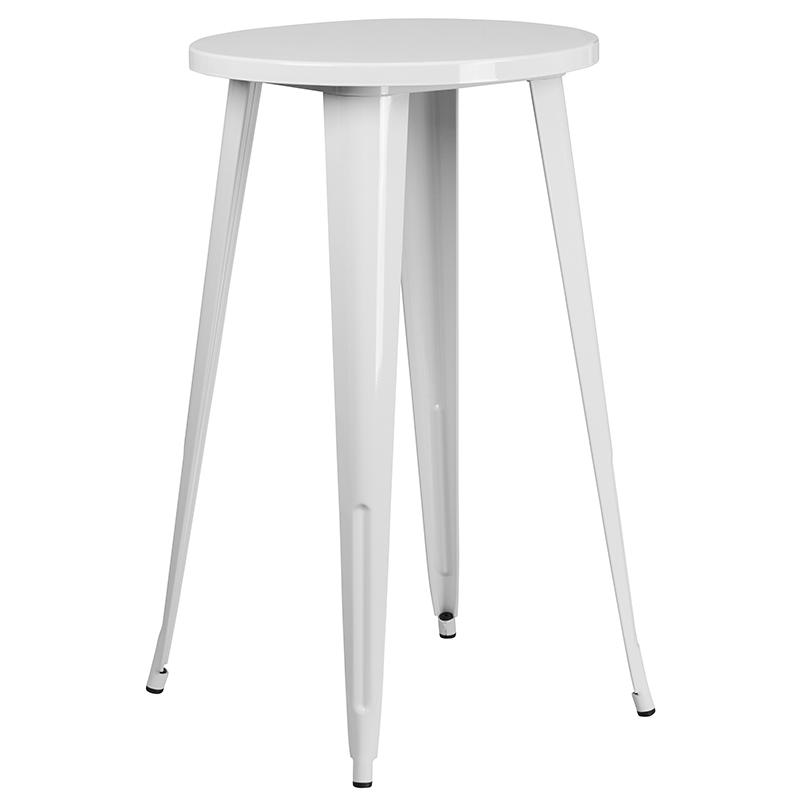 24'' Round White Metal In-Outdoor Bar Table Set - 2 Square Seat Backless Stools. Picture 4