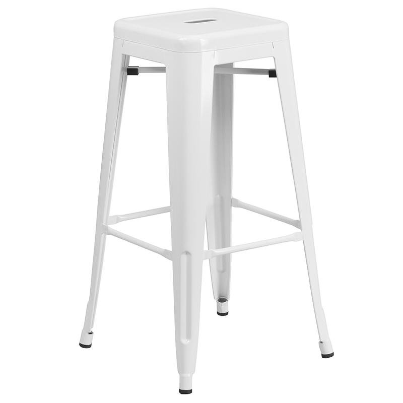 24'' Round White Metal In-Outdoor Bar Table Set - 2 Square Seat Backless Stools. Picture 5