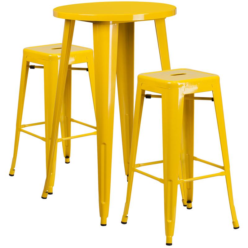 Commercial Grade 24" Round Yellow Metal Indoor-Outdoor Bar Table Set with 2 Square Seat Backless Stools. Picture 1