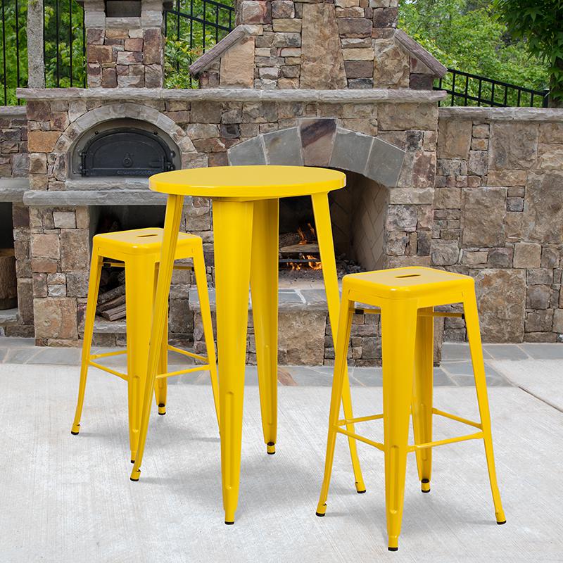 Commercial Grade 24" Round Yellow Metal Indoor-Outdoor Bar Table Set with 2 Square Seat Backless Stools. Picture 4