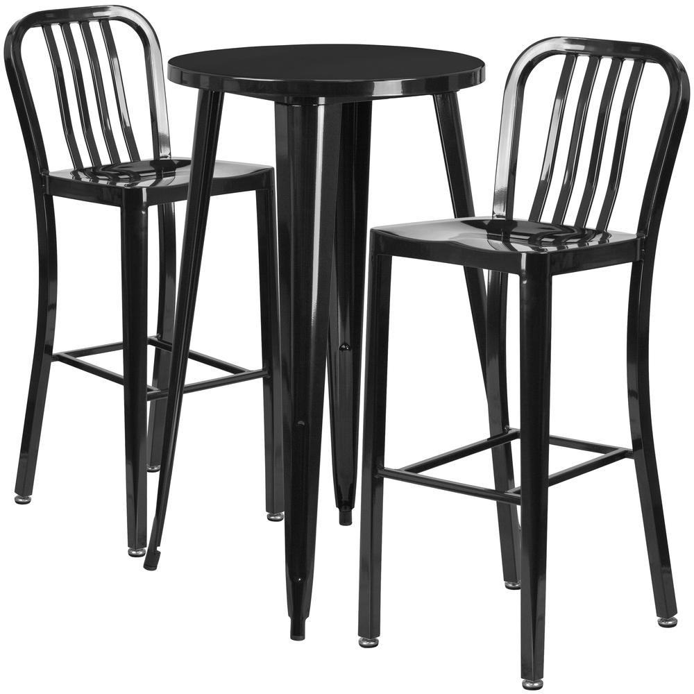 Commercial Grade 24" Round Black Metal Indoor-Outdoor Bar Table Set with 2 Vertical Slat Back Stools. The main picture.