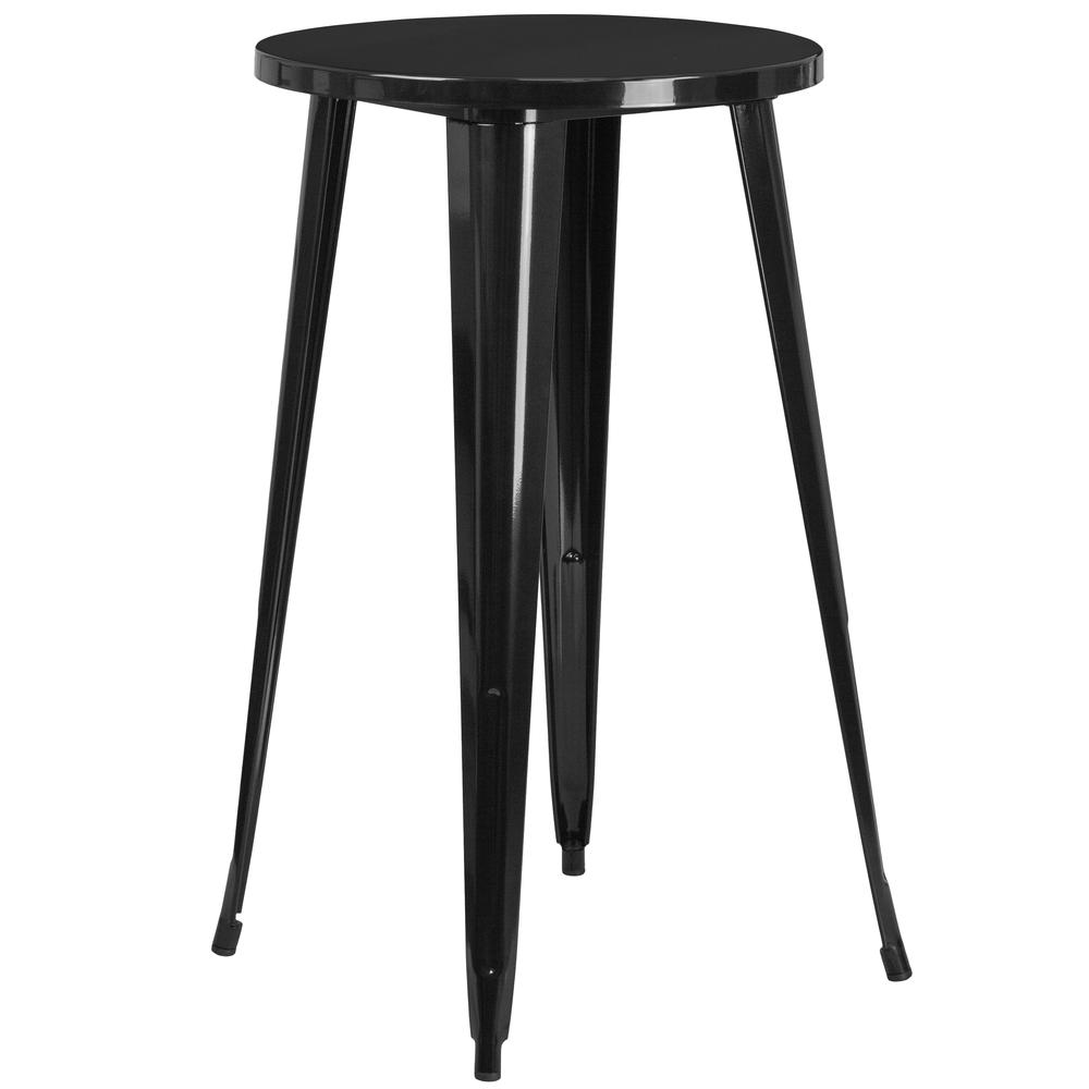Commercial Grade 24" Round Black Metal Indoor-Outdoor Bar Table Set with 2 Vertical Slat Back Stools. Picture 2