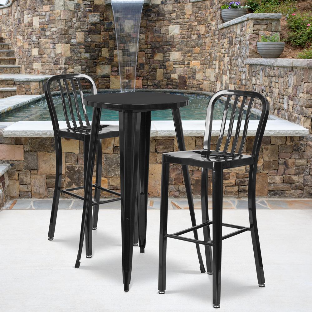Commercial Grade 24" Round Black Metal Indoor-Outdoor Bar Table Set with 2 Vertical Slat Back Stools. Picture 4