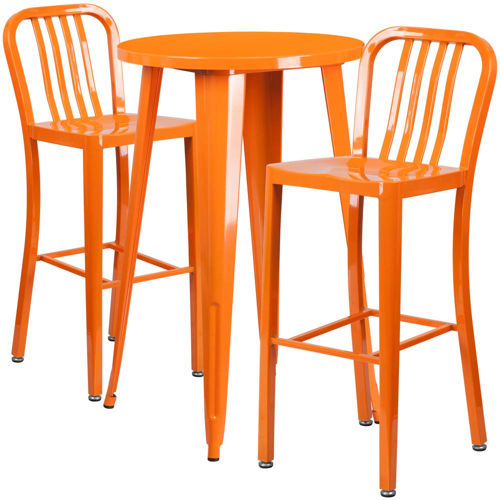 Commercial Grade 24" Round Orange Metal Indoor-Outdoor Bar Table Set with 2 Vertical Slat Back Stools. Picture 1
