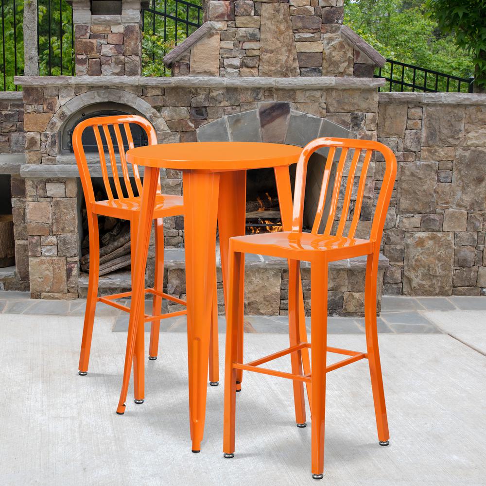 Commercial Grade 24" Round Orange Metal Indoor-Outdoor Bar Table Set with 2 Vertical Slat Back Stools. Picture 4