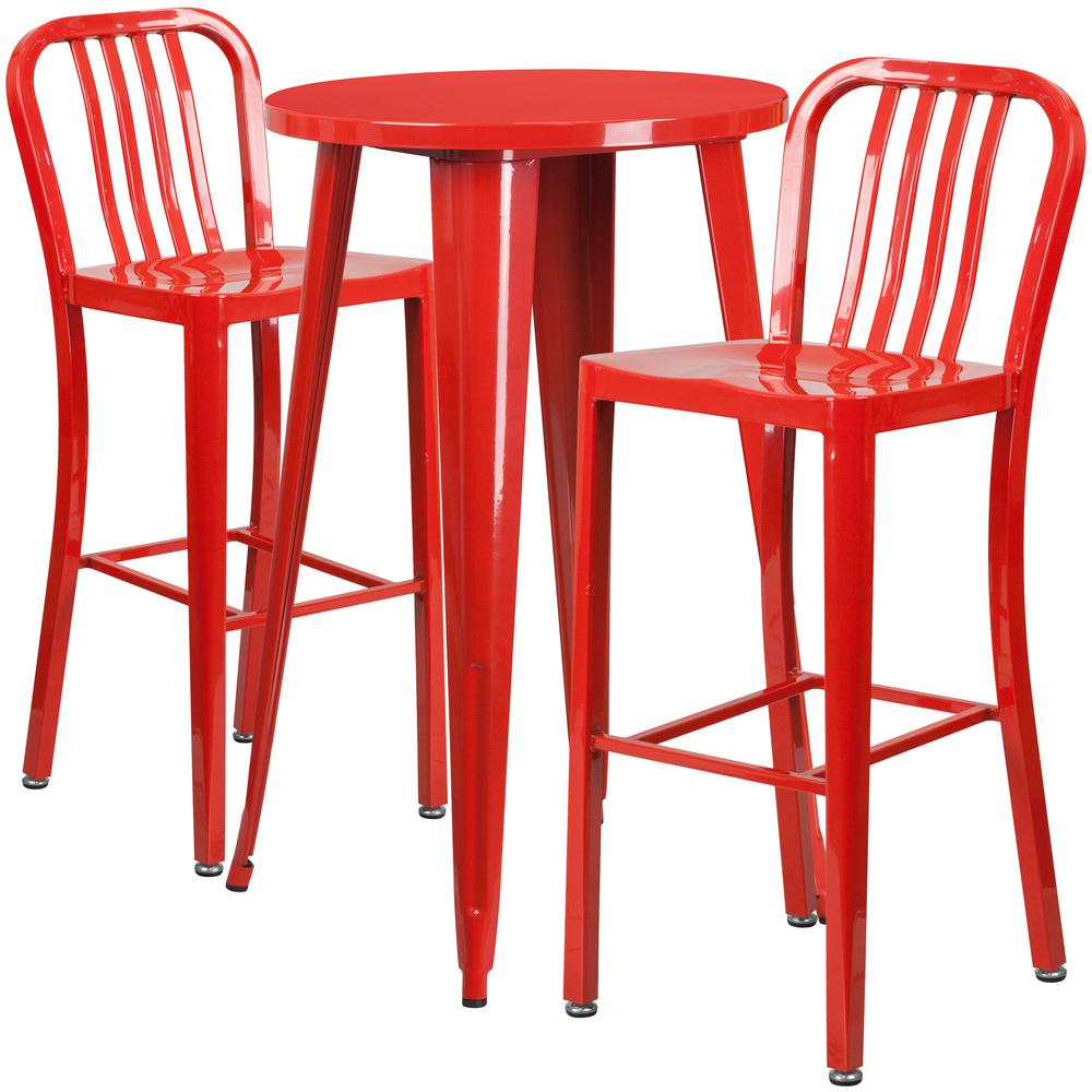 Commercial Grade 24" Round Red Metal Indoor-Outdoor Bar Table Set with 2 Vertical Slat Back Stools. Picture 1