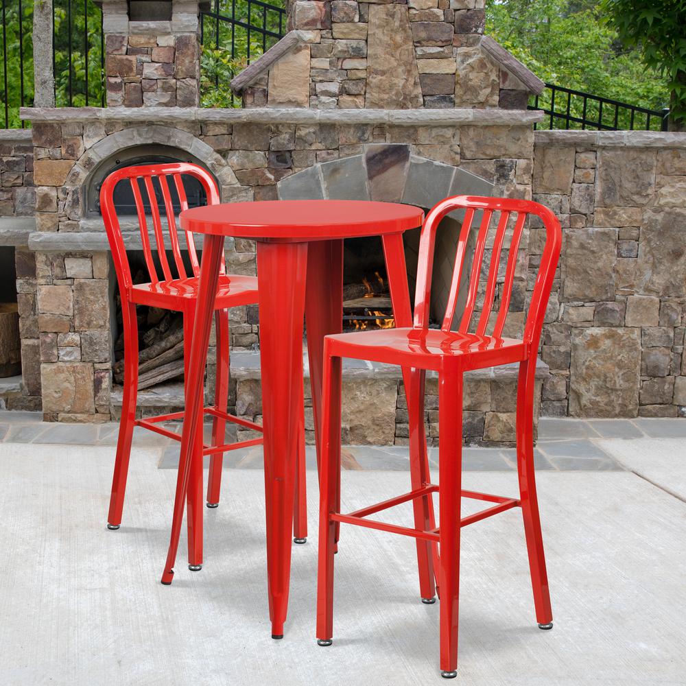 Commercial Grade 24" Round Red Metal Indoor-Outdoor Bar Table Set with 2 Vertical Slat Back Stools. Picture 4