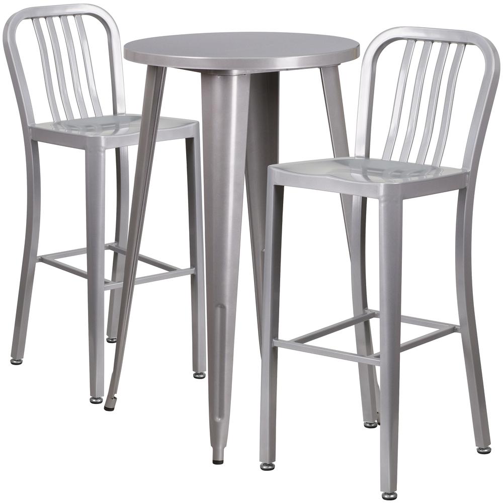 Commercial Grade 24" Round Silver Metal Indoor-Outdoor Bar Table Set with 2 Vertical Slat Back Stools. Picture 1
