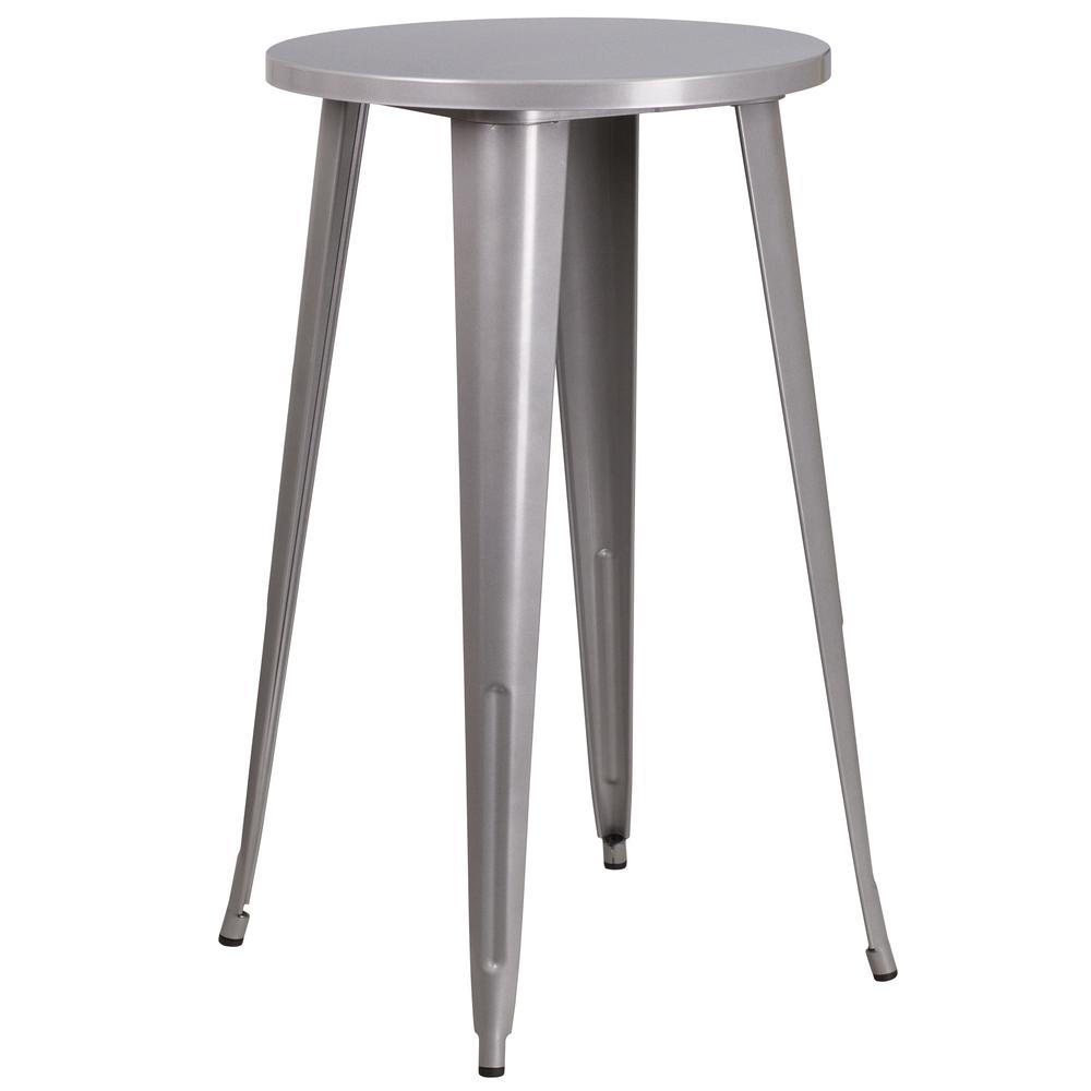 Commercial Grade 24" Round Silver Metal Indoor-Outdoor Bar Table Set with 2 Vertical Slat Back Stools. Picture 2
