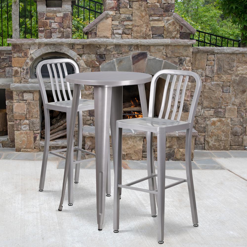 Commercial Grade 24" Round Silver Metal Indoor-Outdoor Bar Table Set with 2 Vertical Slat Back Stools. Picture 4