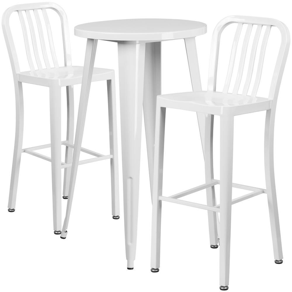 Commercial Grade 24" Round White Metal Indoor-Outdoor Bar Table Set with 2 Vertical Slat Back Stools. Picture 1