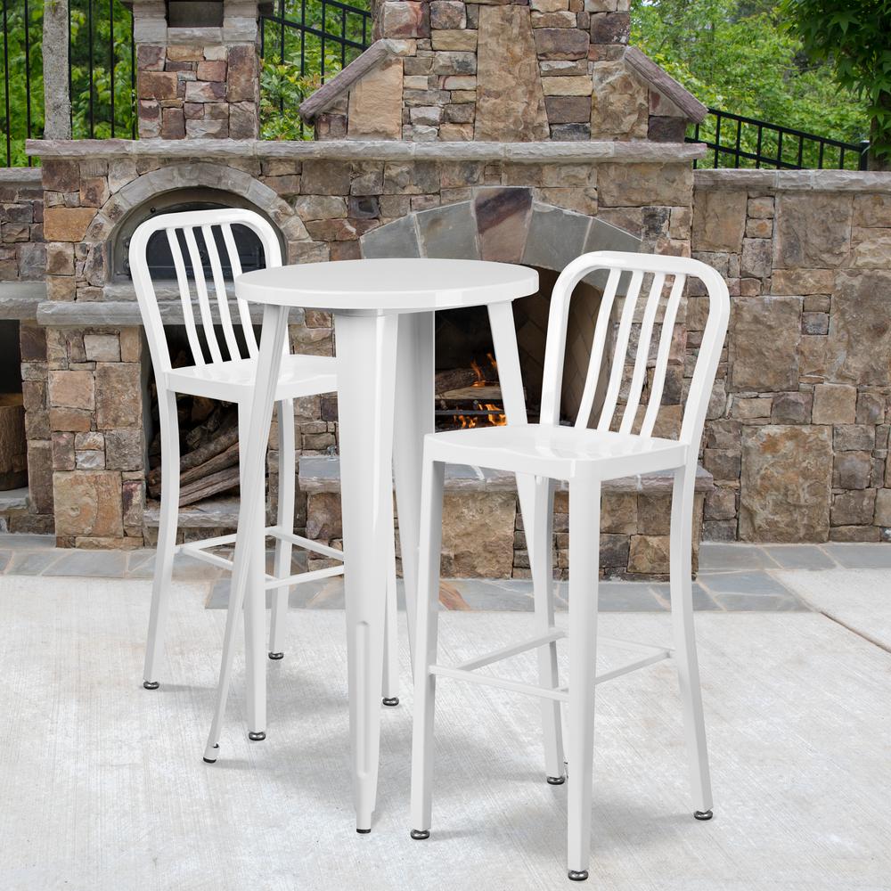 Commercial Grade 24" Round White Metal Indoor-Outdoor Bar Table Set with 2 Vertical Slat Back Stools. Picture 4