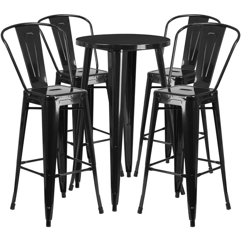 24" Round Black Metal Indoor-Outdoor Bar Table Set with 4 Cafe Stools. Picture 2