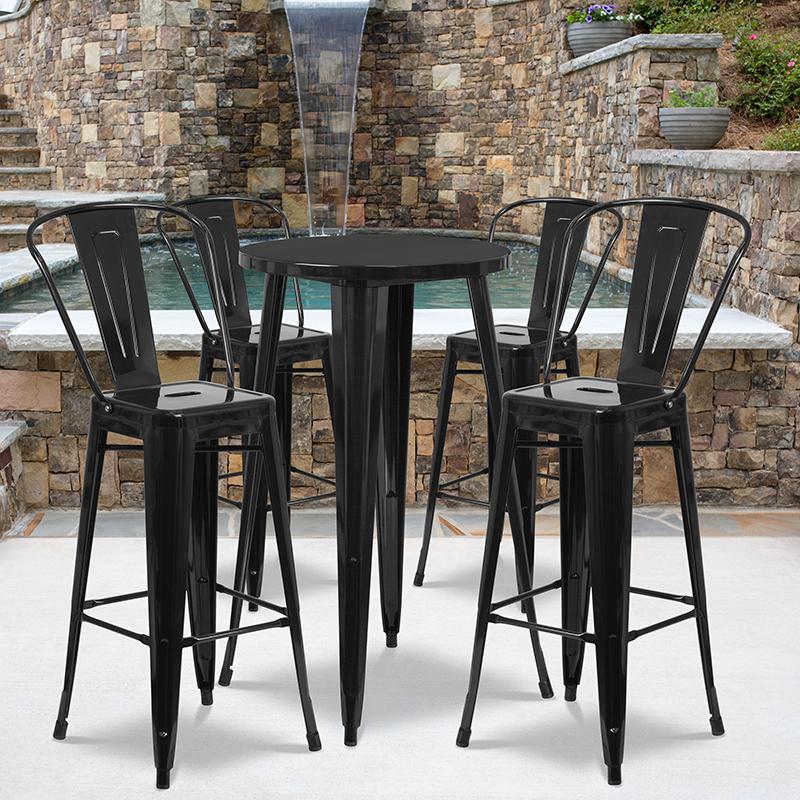 Commercial Grade 24" Round Black Metal Indoor-Outdoor Bar Table Set with 4 Cafe Stools. Picture 4