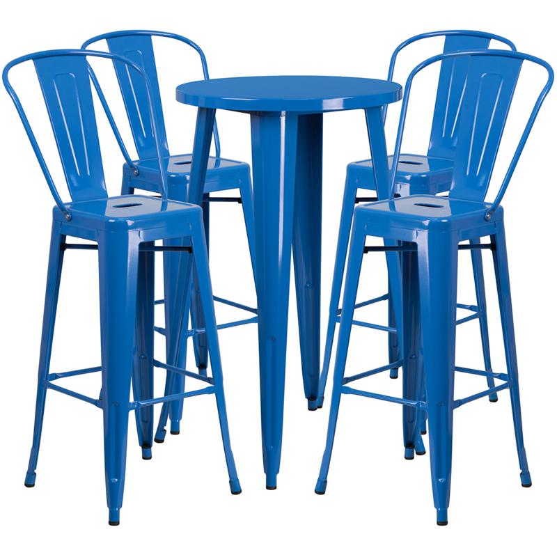 Commercial Grade 24" Round Blue Metal Indoor-Outdoor Bar Table Set with 4 Cafe Stools. Picture 1