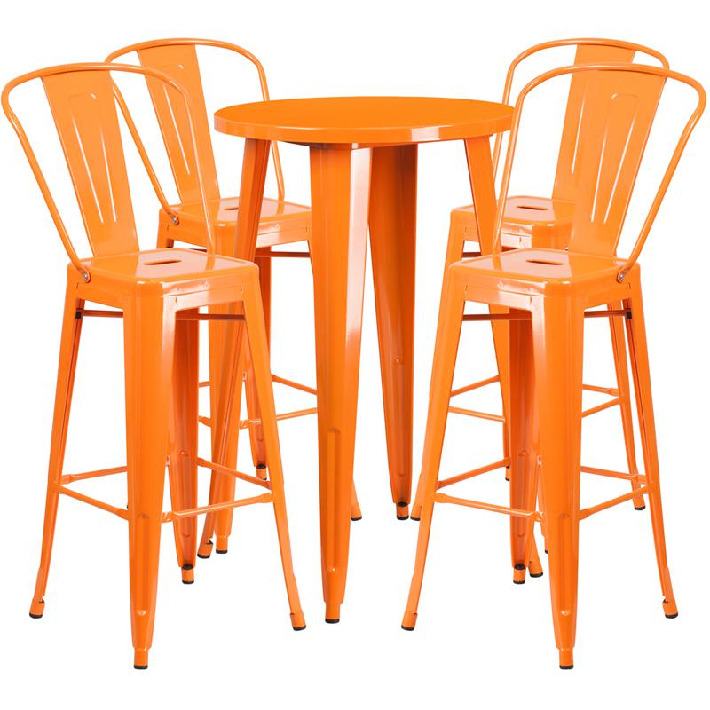Commercial Grade 24" Round Orange Metal Indoor-Outdoor Bar Table Set with 4 Cafe Stools. Picture 1
