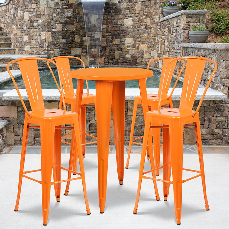 Commercial Grade 24" Round Orange Metal Indoor-Outdoor Bar Table Set with 4 Cafe Stools. Picture 4