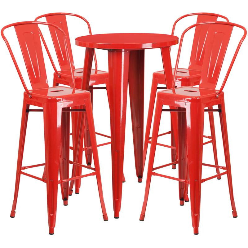 24" Round Red Metal Indoor-Outdoor Bar Table Set with 4 Cafe Stools. Picture 2
