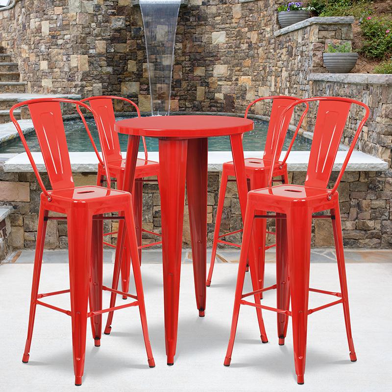 24" Round Red Metal Indoor-Outdoor Bar Table Set with 4 Cafe Stools. Picture 1