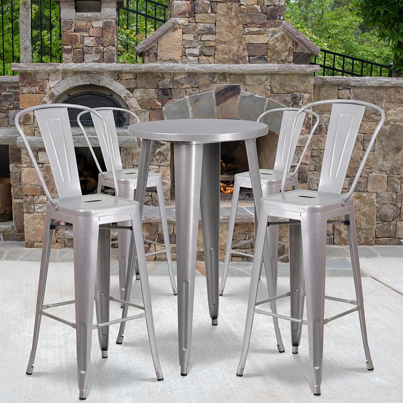 24" Round Silver Metal Indoor-Outdoor Bar Table Set with 4 Cafe Stools. Picture 1