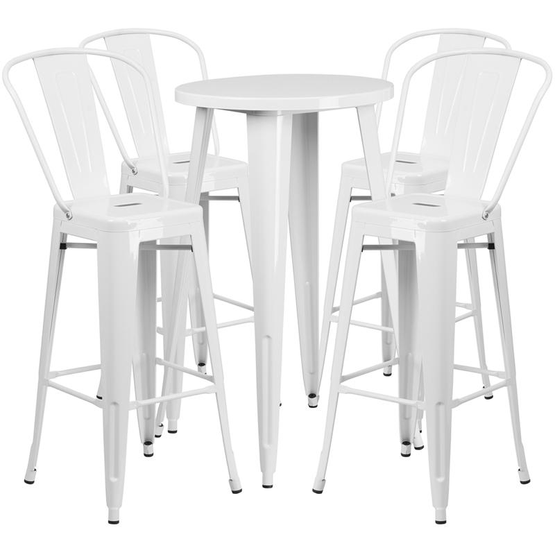 Commercial Grade 24" Round White Metal Indoor-Outdoor Bar Table Set with 4 Cafe Stools. Picture 1