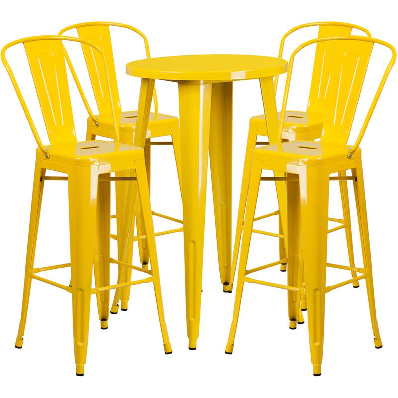 24" Round Yellow Metal Indoor-Outdoor Bar Table Set with 4 Cafe Stools. Picture 2