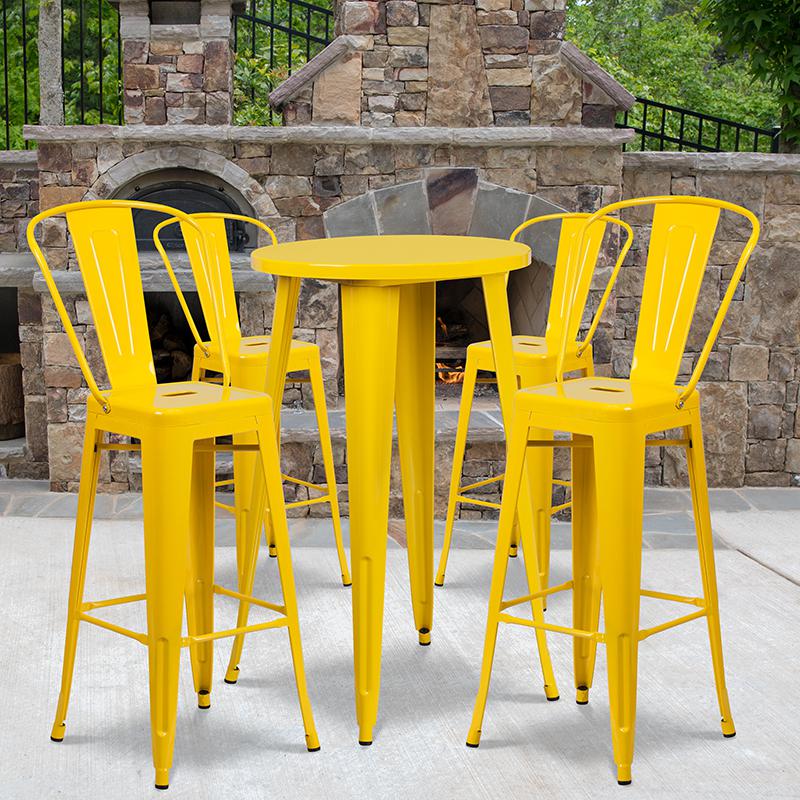 24" Round Yellow Metal Indoor-Outdoor Bar Table Set with 4 Cafe Stools. Picture 1