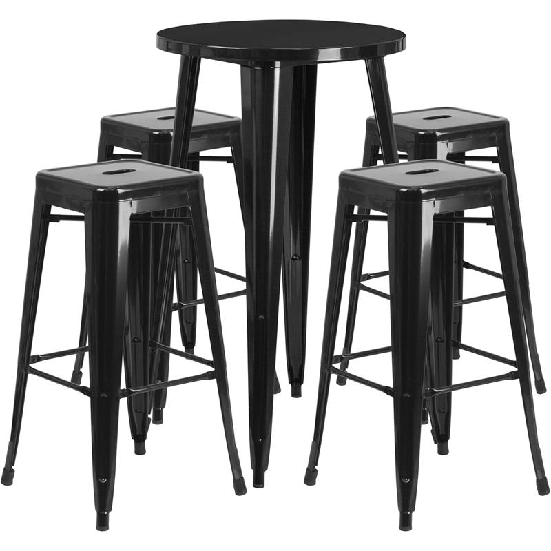 Commercial Grade 24" Round Black Metal Indoor-Outdoor Bar Table Set with 4 Square Seat Backless Stools. Picture 1