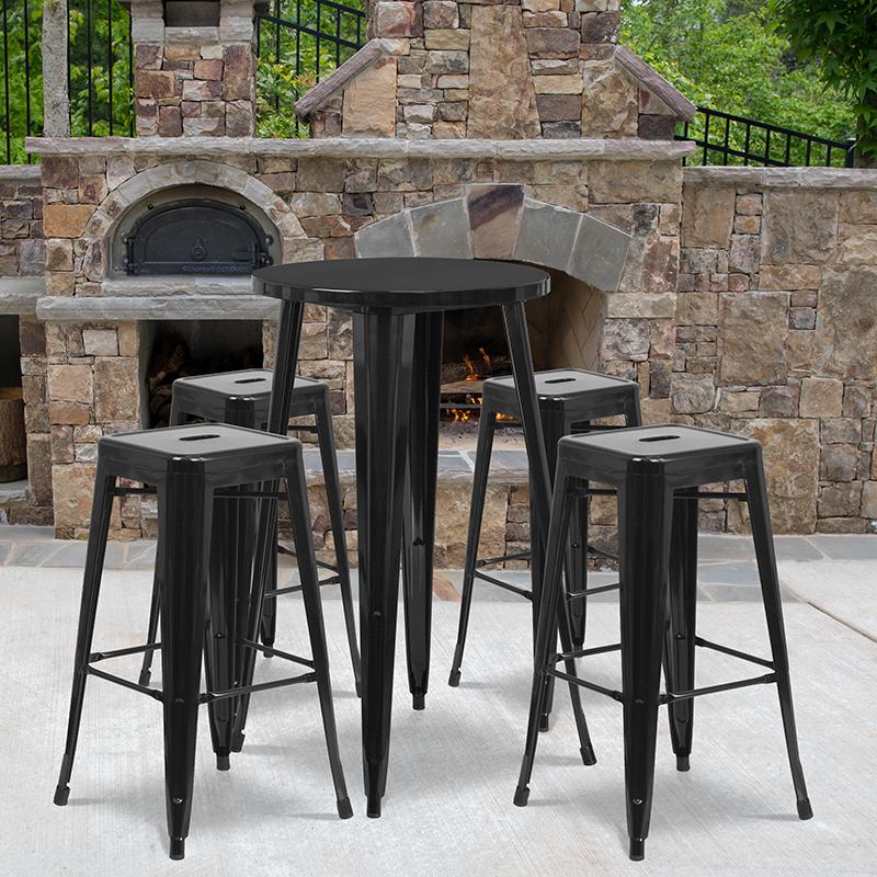 24" Round Black Metal Indoor-Outdoor Bar Table Set with 4 Seat Backless Stools. Picture 1