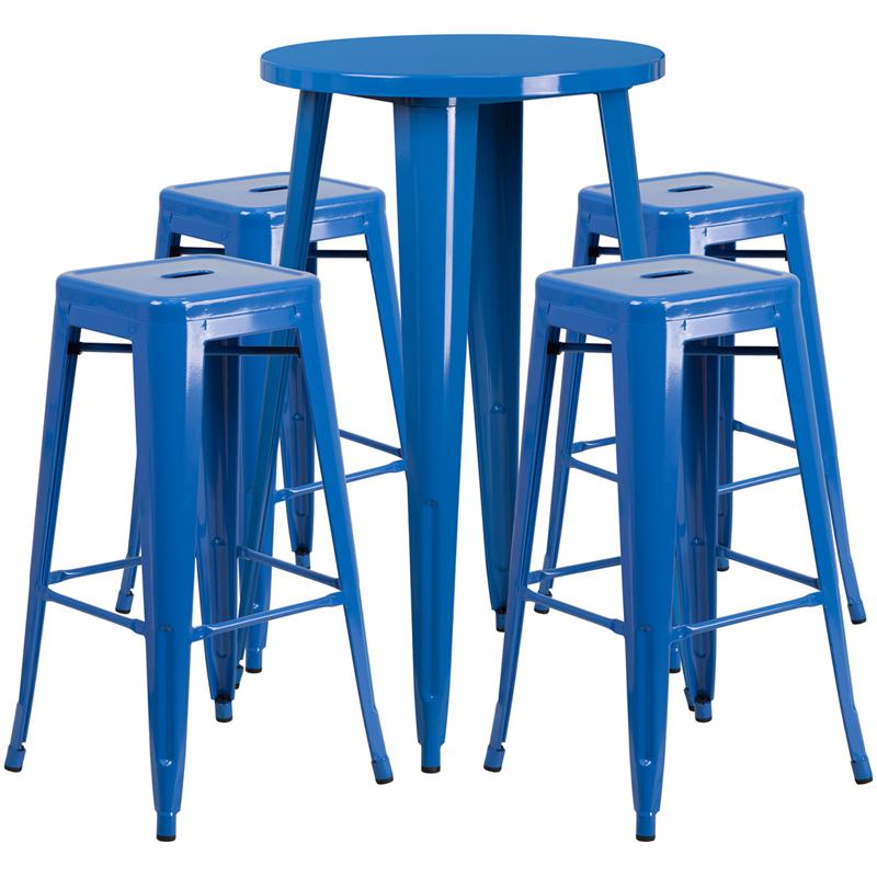 Commercial Grade 24" Round Blue Metal Indoor-Outdoor Bar Table Set with 4 Square Seat Backless Stools. Picture 1