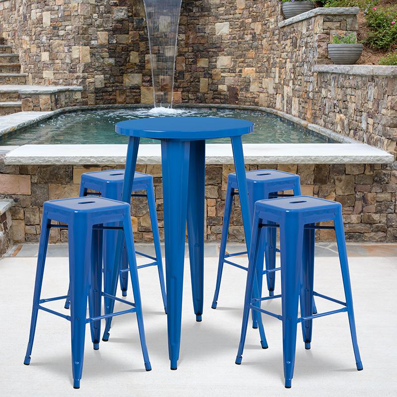 Commercial Grade 24" Round Blue Metal Indoor-Outdoor Bar Table Set with 4 Square Seat Backless Stools. Picture 4