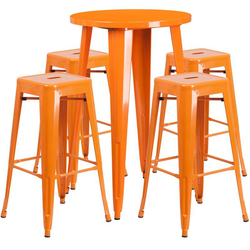 24'' Round Orange Metal In-Outdoor Bar Table Set-4 Square Seat Backless Stools. Picture 2